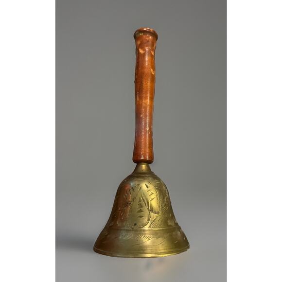 VTG Hand Held Brass w Wood Handle School Dinner Bell 9" India Signal Etched NICE - Picture 3 of 12